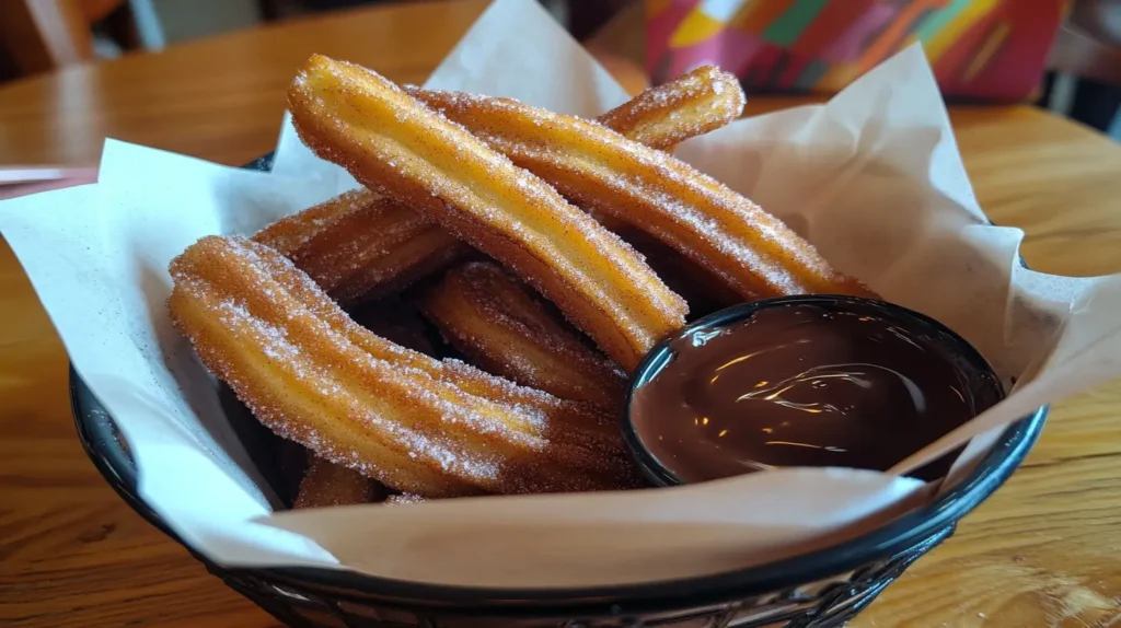 Crispy Churros with Cinnamon Sugar and Chocolate Dipping Sauce