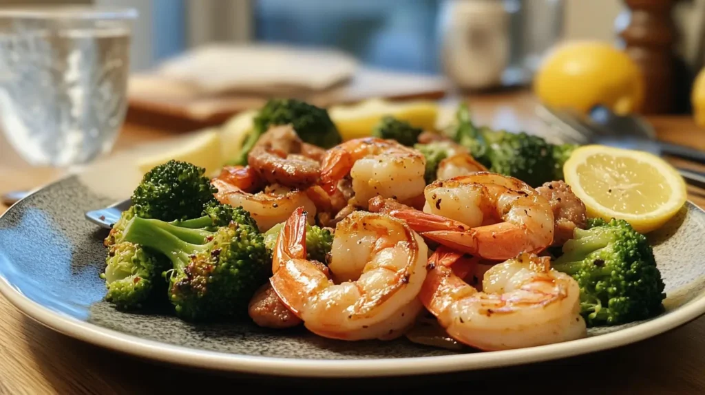 Shrimp, broccoli, and sausage one-pan dinner served on a wooden table