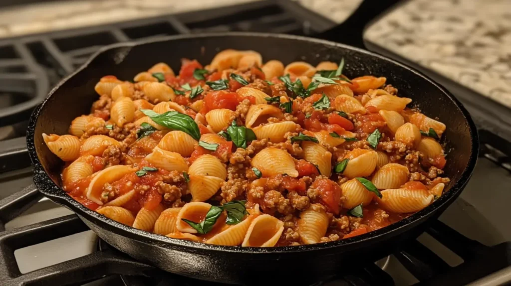 Ground turkey pasta shells simmering in a rich tomato sauce in a cast-iron skillet