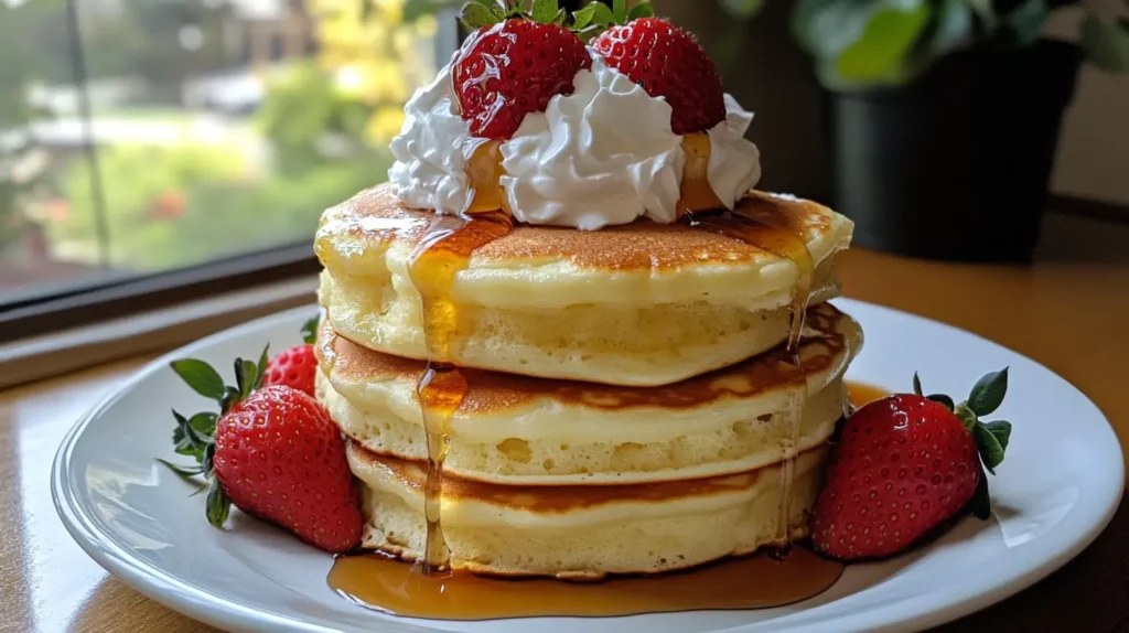 Fluffy Japanese Soufflé Pancakes with Whipped Cream and Berries