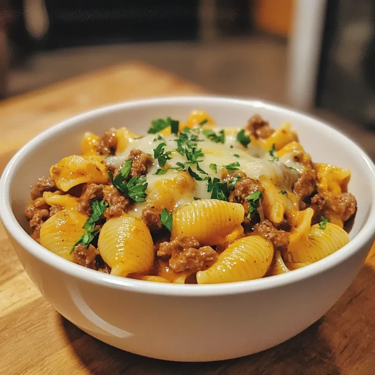 Creamy Beef and Shells in a bowl with parsley garnish