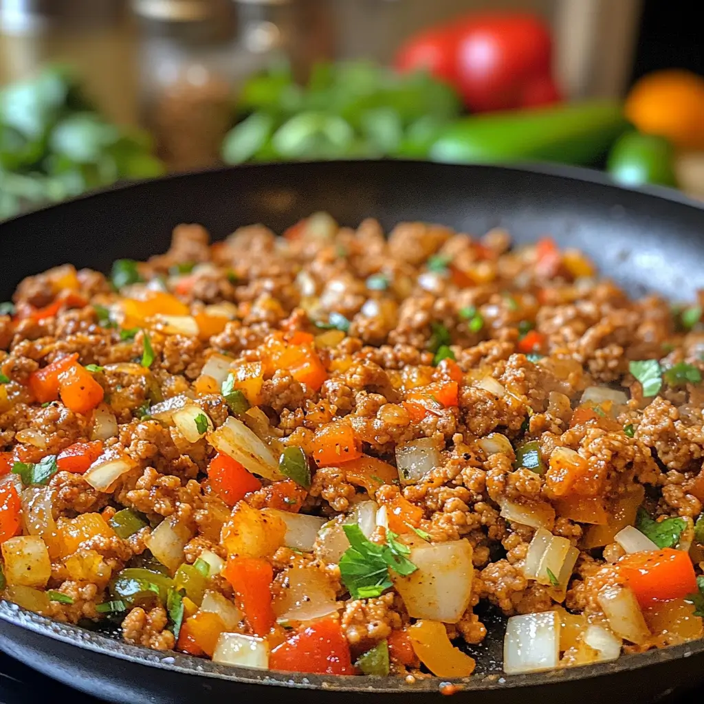 Ground turkey and vegetables cooking in a skillet