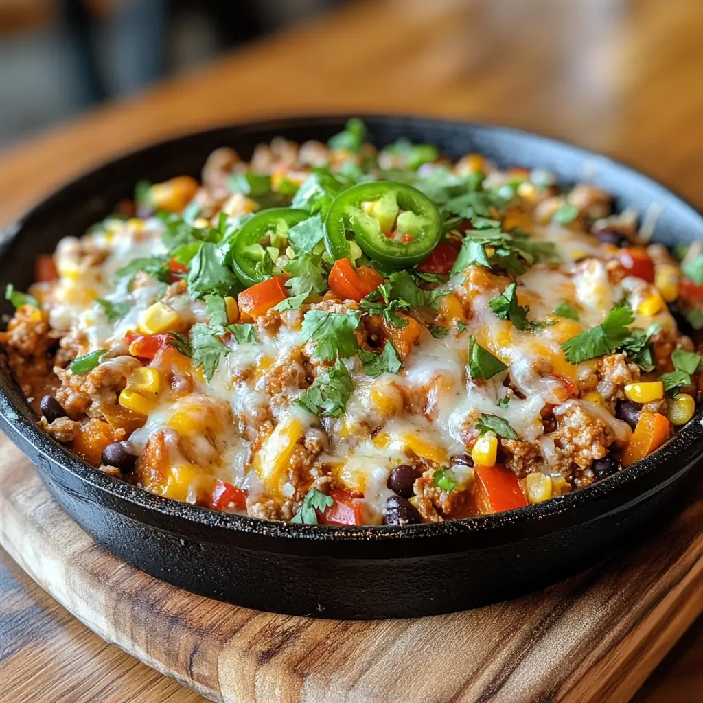 Cheesy Ground Turkey Taco Skillet with melted cheese and fresh toppings
