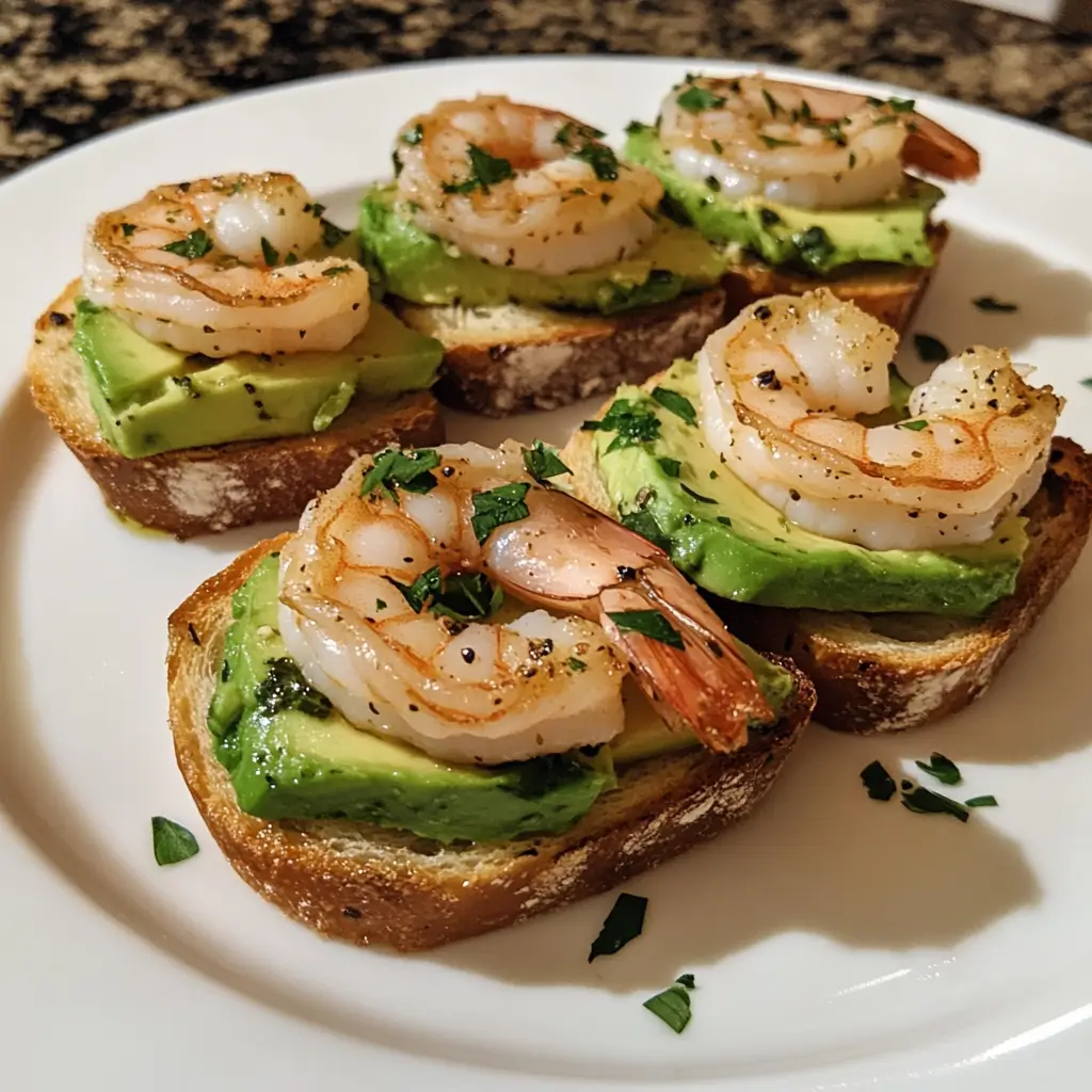 Garlic shrimp crostini with avocado