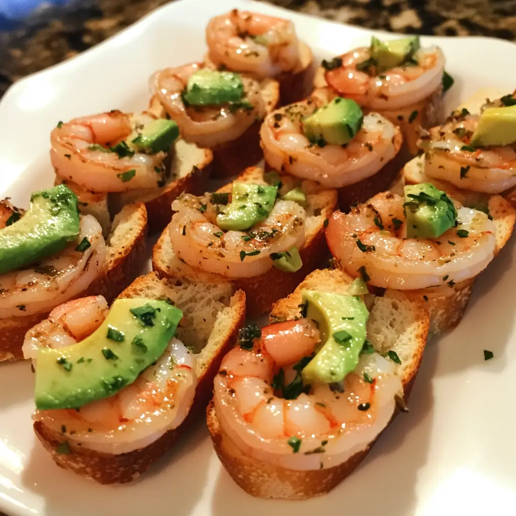 Garlic shrimp crostini with avocado