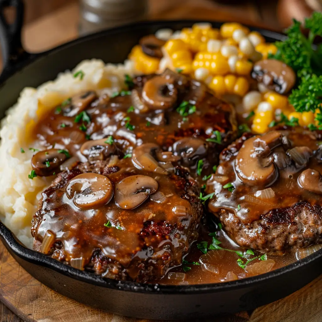 Amish Hamburger Steak Bake served in a cast-iron skillet with rich brown gravy and mashed potatoes.