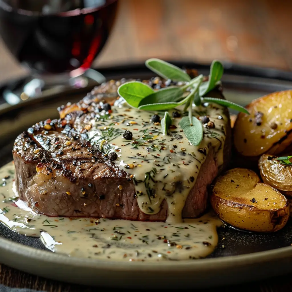 A gourmet steak with tarragon sauce, garnished with fresh tarragon leaves on a rustic wooden table.