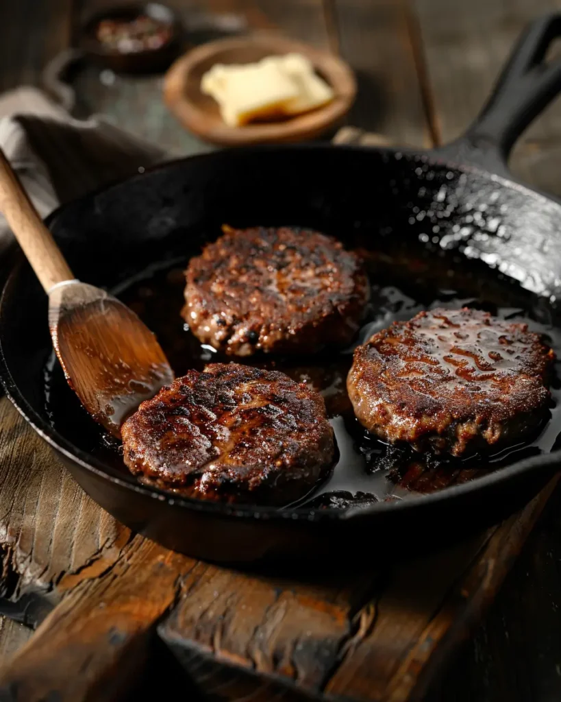 Searing hamburger patties in a cast-iron skillet for Amish Hamburger Steak Bake.