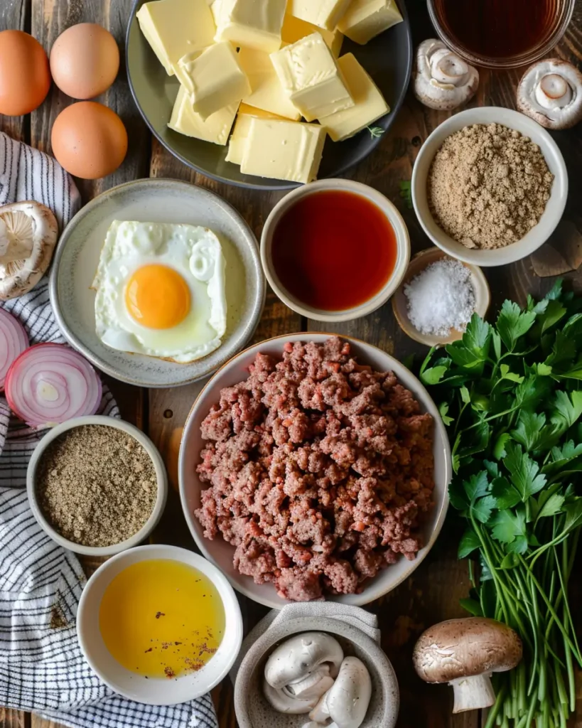 Ingredients for Amish Hamburger Steak Bake arranged on a rustic wooden table.