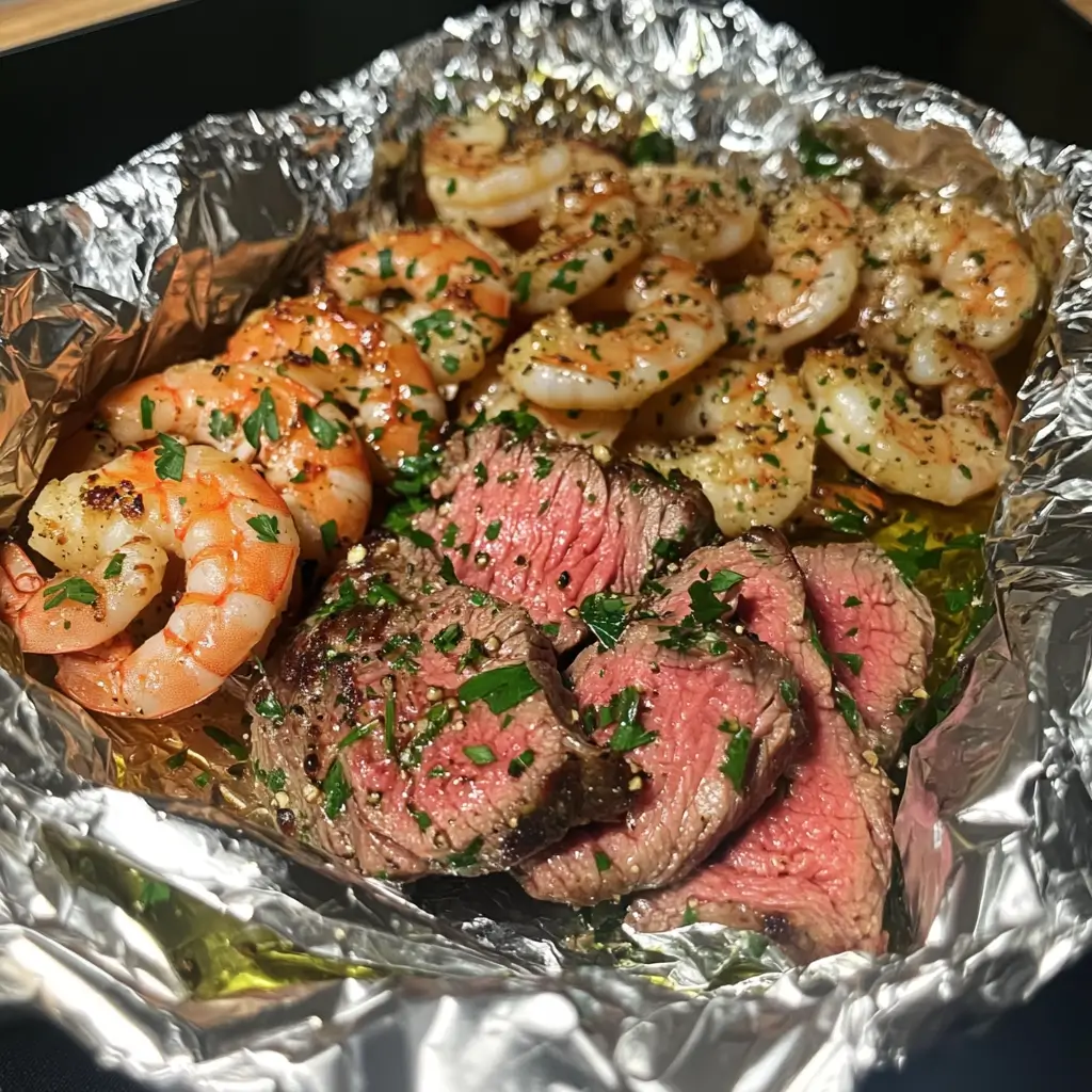 Garlic Herb Steak and Shrimp Foil Packets
