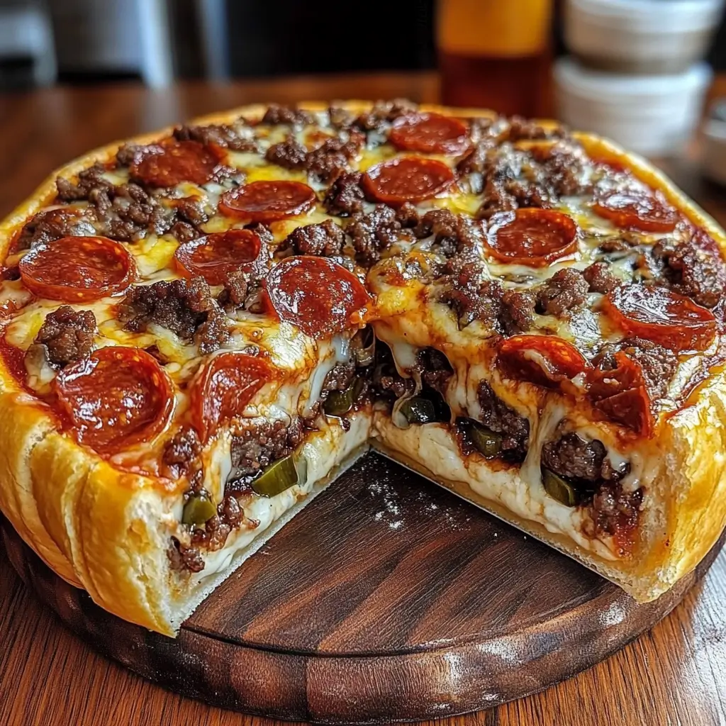 Close-up of a sliced Pizza Burger Pie showing its savory beef and cheese filling