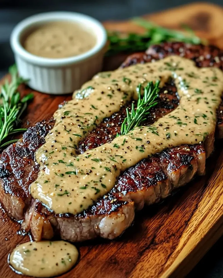 A gourmet steak with tarragon sauce, garnished with fresh tarragon leaves on a rustic wooden table.