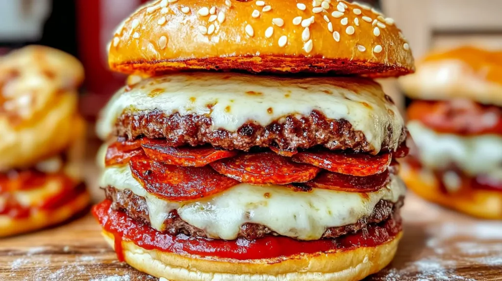 Juicy double-stacked Pizza Burger loaded with melted mozzarella, crispy pepperoni, and rich marinara sauce on a toasted sesame bun.