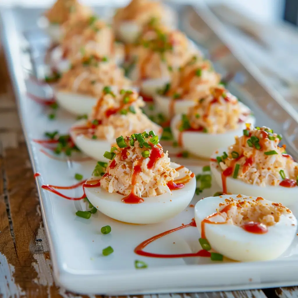 Close-up of Crab Rangoon-Stuffed Deviled Eggs with chili drizzle and herbs on a plate