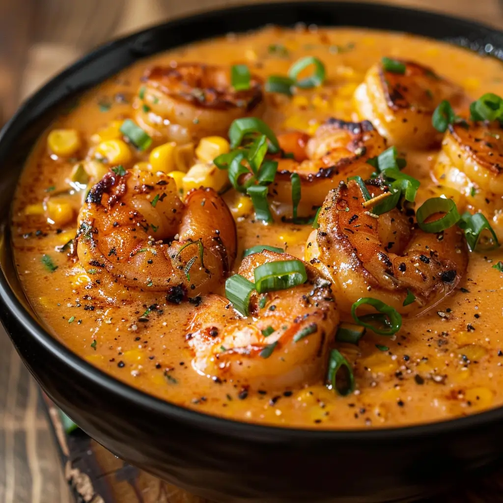 Bowl of New Orleans Shrimp and Corn Bisque topped with shrimp and corn
