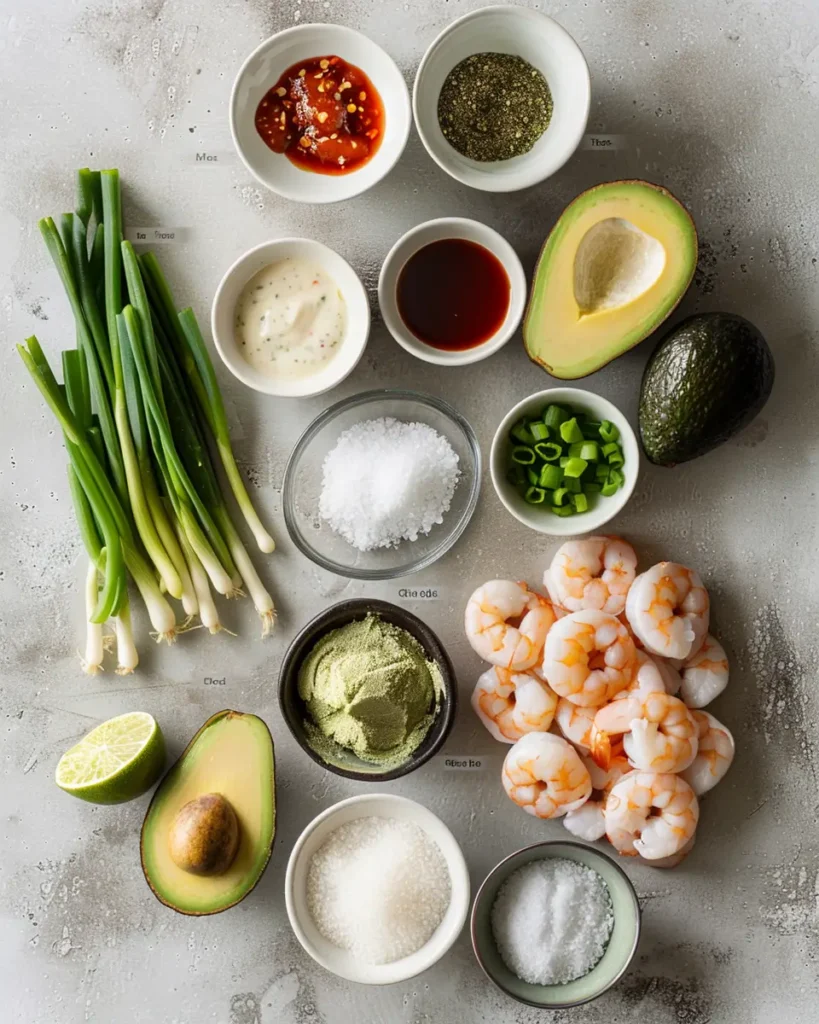 Ingredients for spicy bang bang shrimp stuffed avocados recipe  