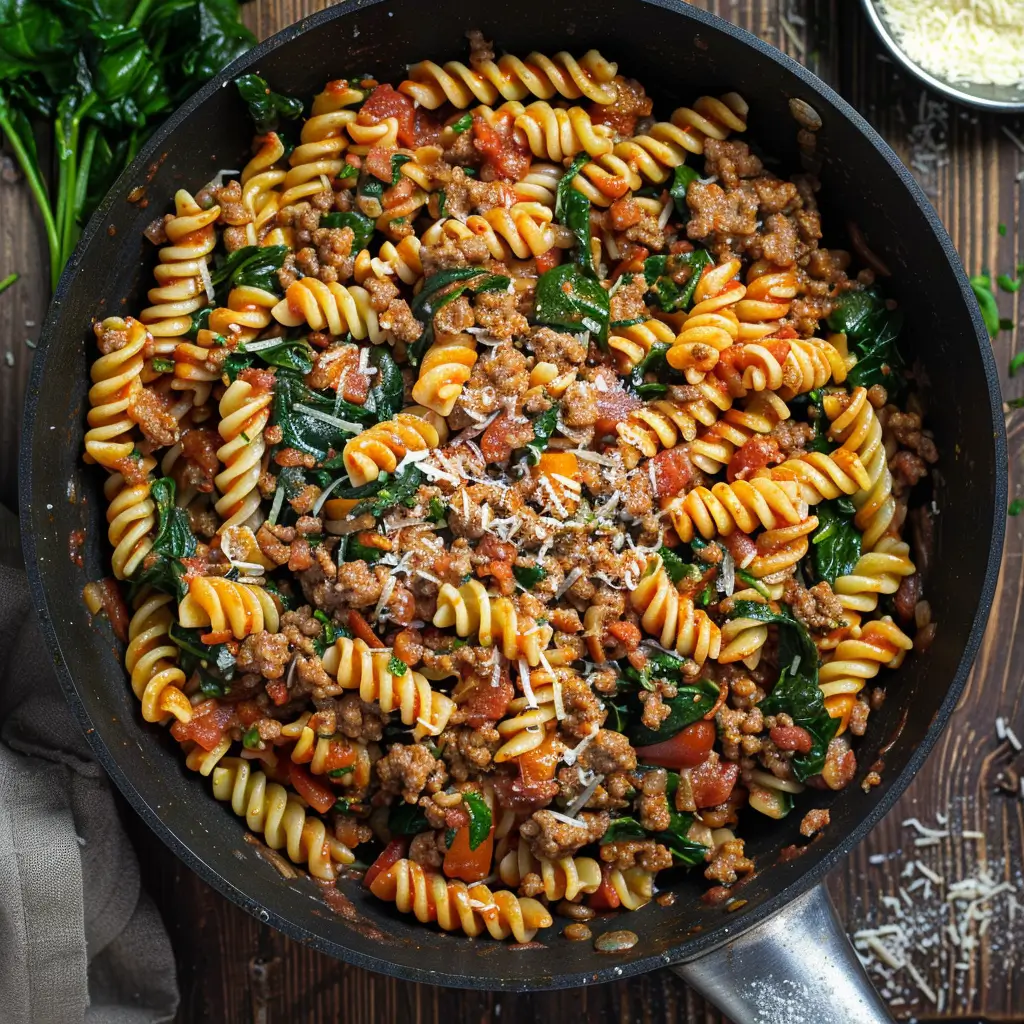 Overhead view of One-Pan Ground Beef and Spinach Pasta in skillet