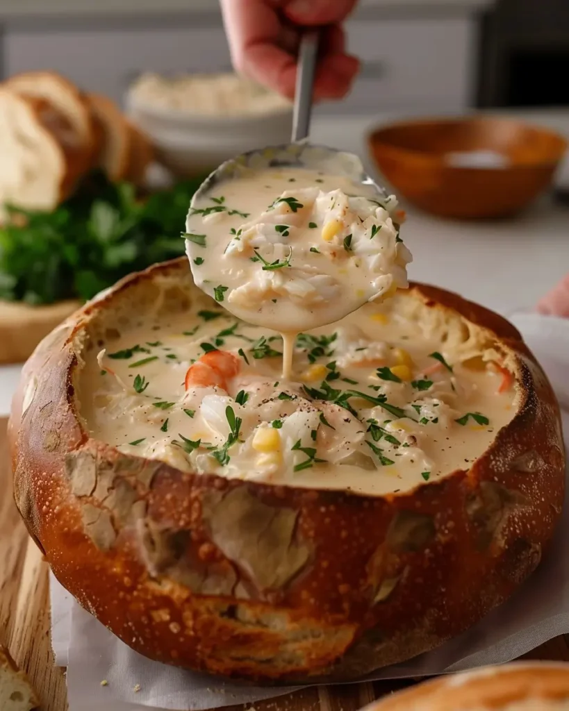 Creamy Crab & Corn Chowder Stuffed Bread Bowl
