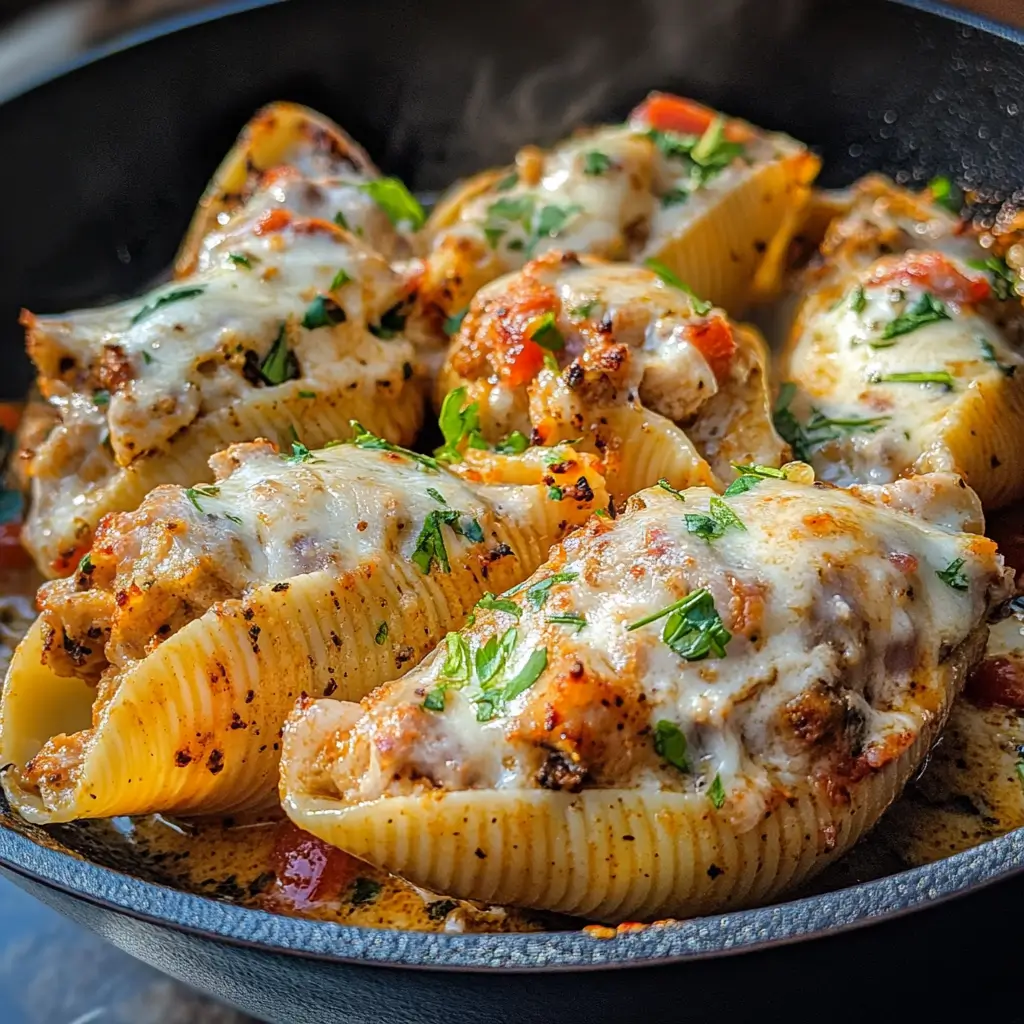 Creamy Cajun Chicken Stuffed Shells baked in a rustic dish