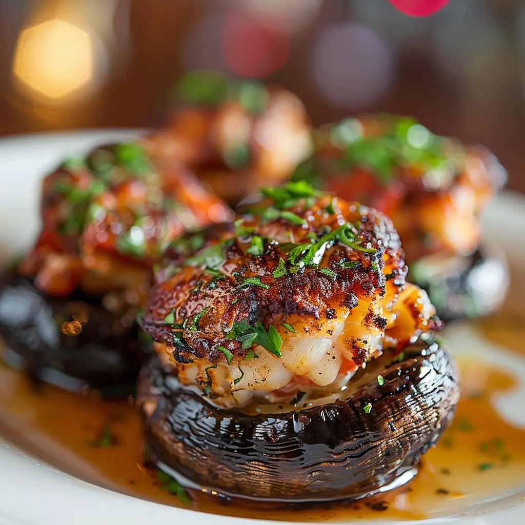 Close-up of golden Lobster-Stuffed Portobello Mushrooms with parsley on a white plate