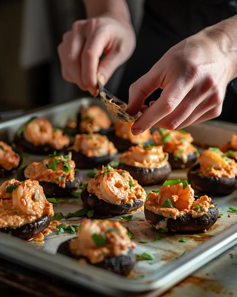 Hands stuffing cheese and shrimp mixture into mushroom caps.