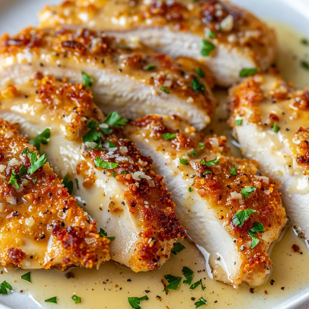 Close-up of juicy Garlic Parmesan Crusted Chicken slices on a white plate with golden crispy crust and fresh parsley.