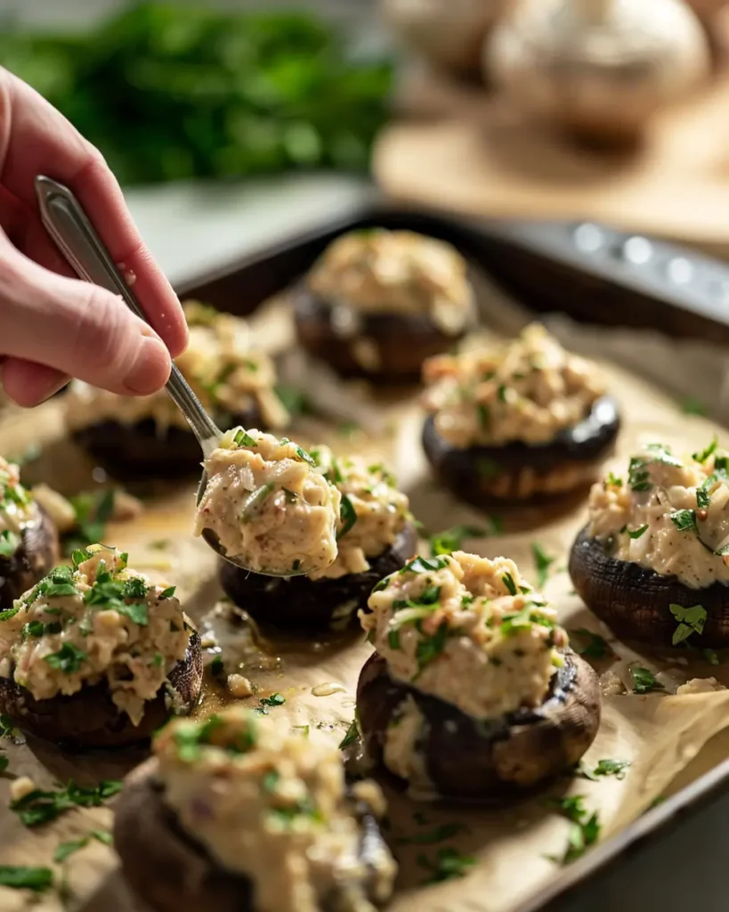 Stuffing mushroom caps with creamy garlic crab filling