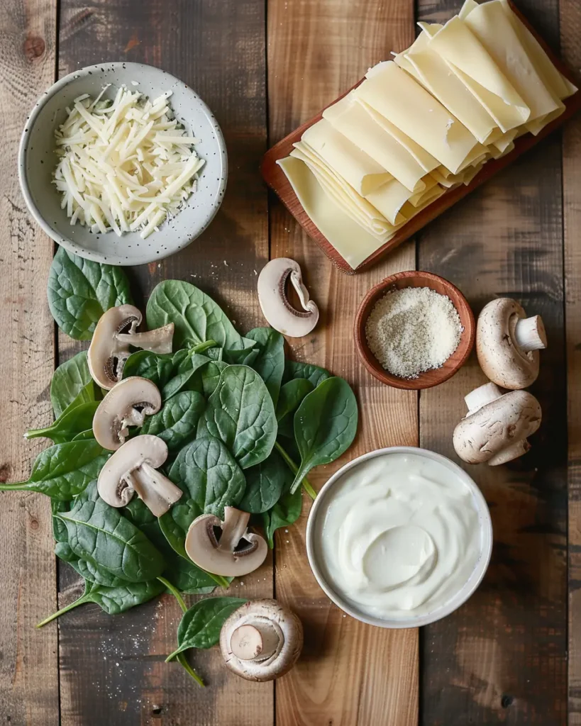 Ingredients for spinach and mushroom white lasagna laid out on wood