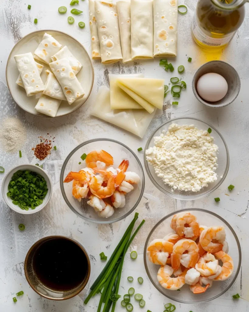 Ingredients for Shrimp & Crab Rangoon Egg Rolls arranged on counter  