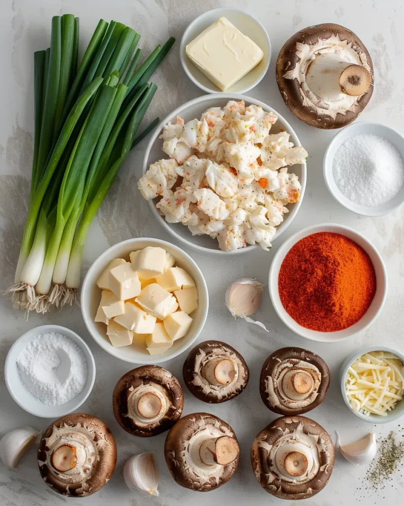Ingredients laid out for Creamy Garlic Crab-Stuffed Mushrooms