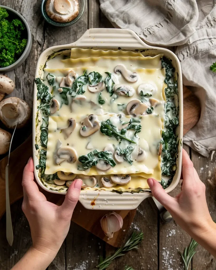 Lasagna being assembled with layers of noodles, spinach, mushrooms, and béchamel
