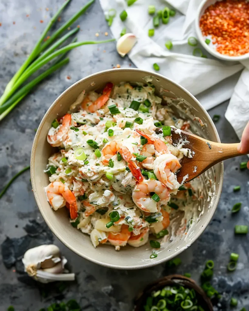 A flat lay of the ingredients needed for Shrimp & Crab Rangoon Egg Rolls, including seafood, cream cheese, wrappers, seasonings, and oil, organized for an easy prep session.  