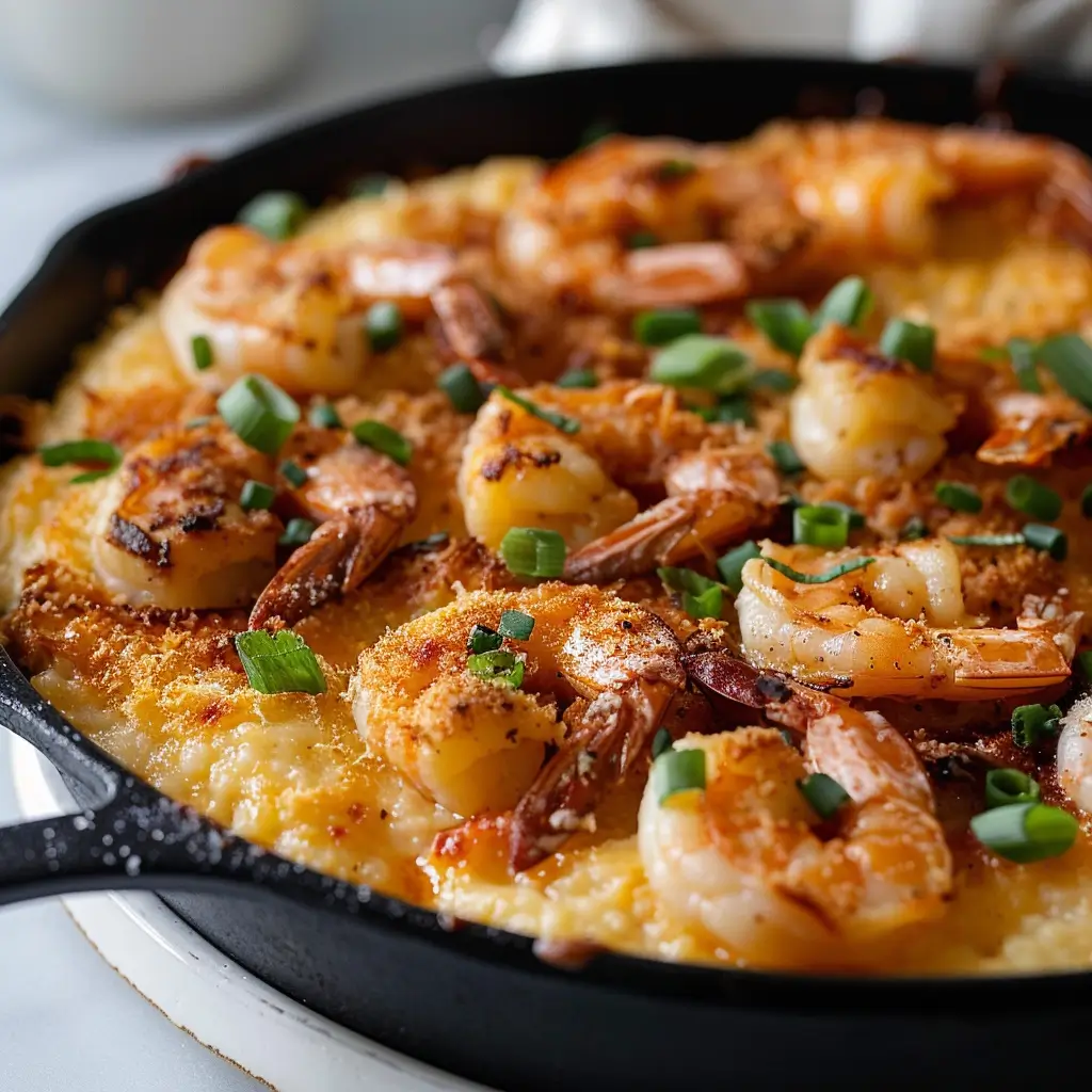 Close-up of a cheesy shrimp & grits bake in a cast iron skillet with seared shrimp and green onions
