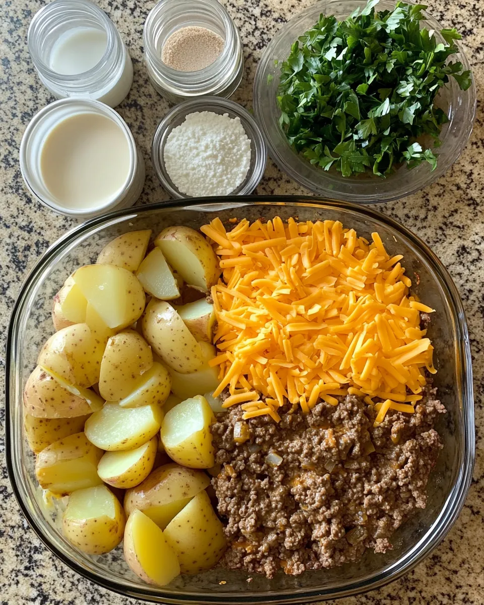 Ingredients for Ultimate Cheesy Hamburger Potato Casserole: Comfort Food at Its Best