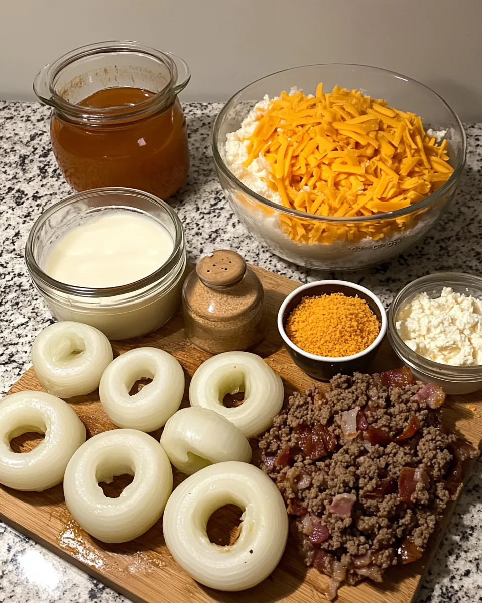 Ingredients for Stacked Indulgence: Dive into Loaded Bacon Cheeseburger Onion Rings
