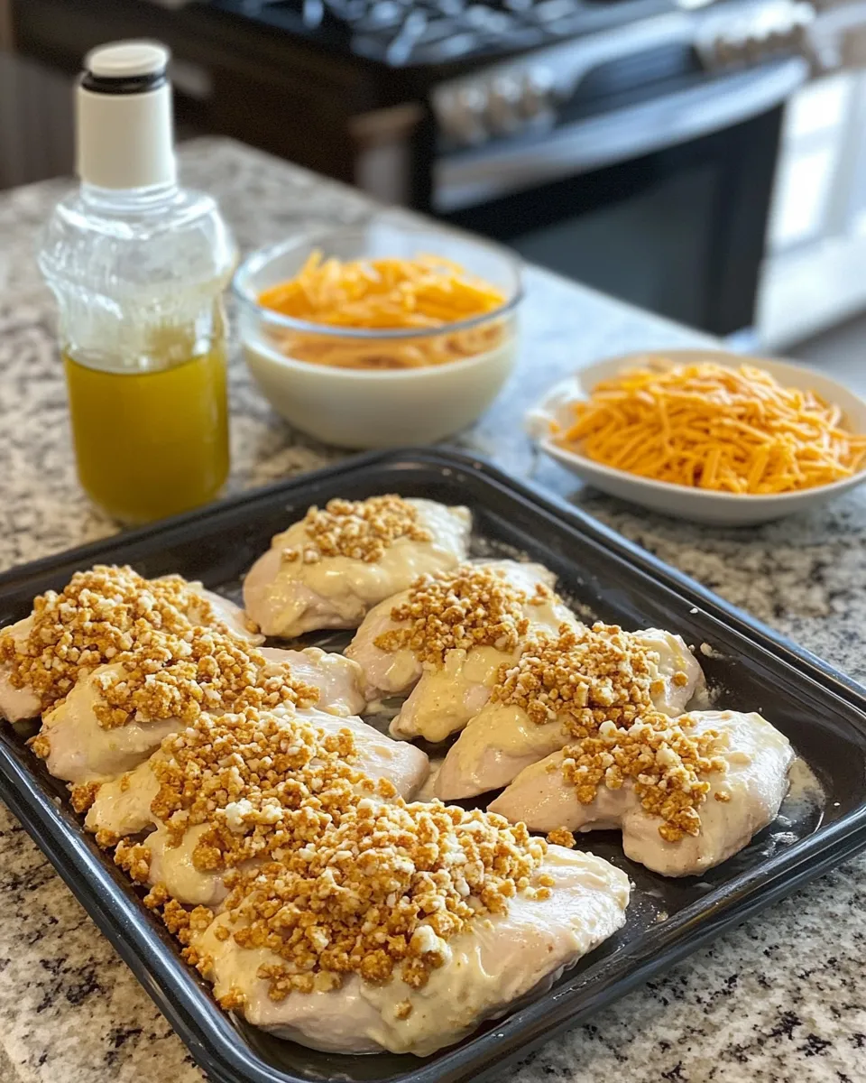 Ingredients for Crunchy Pretzel Chicken Smothered in Irresistible Mustard-Cheddar Sauce