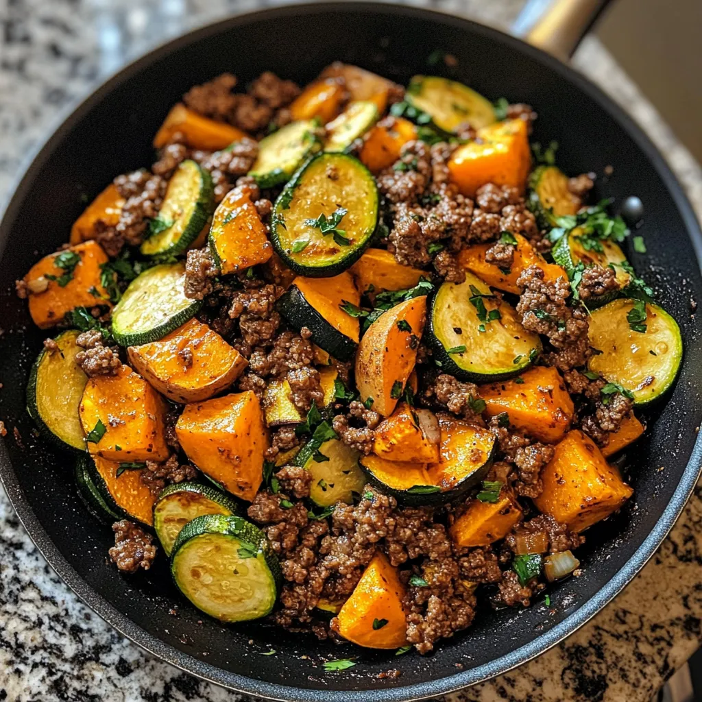 Photo of featured for Sizzling Skillet Delight: Ground Beef Zucchini and Sweet Potato Medley