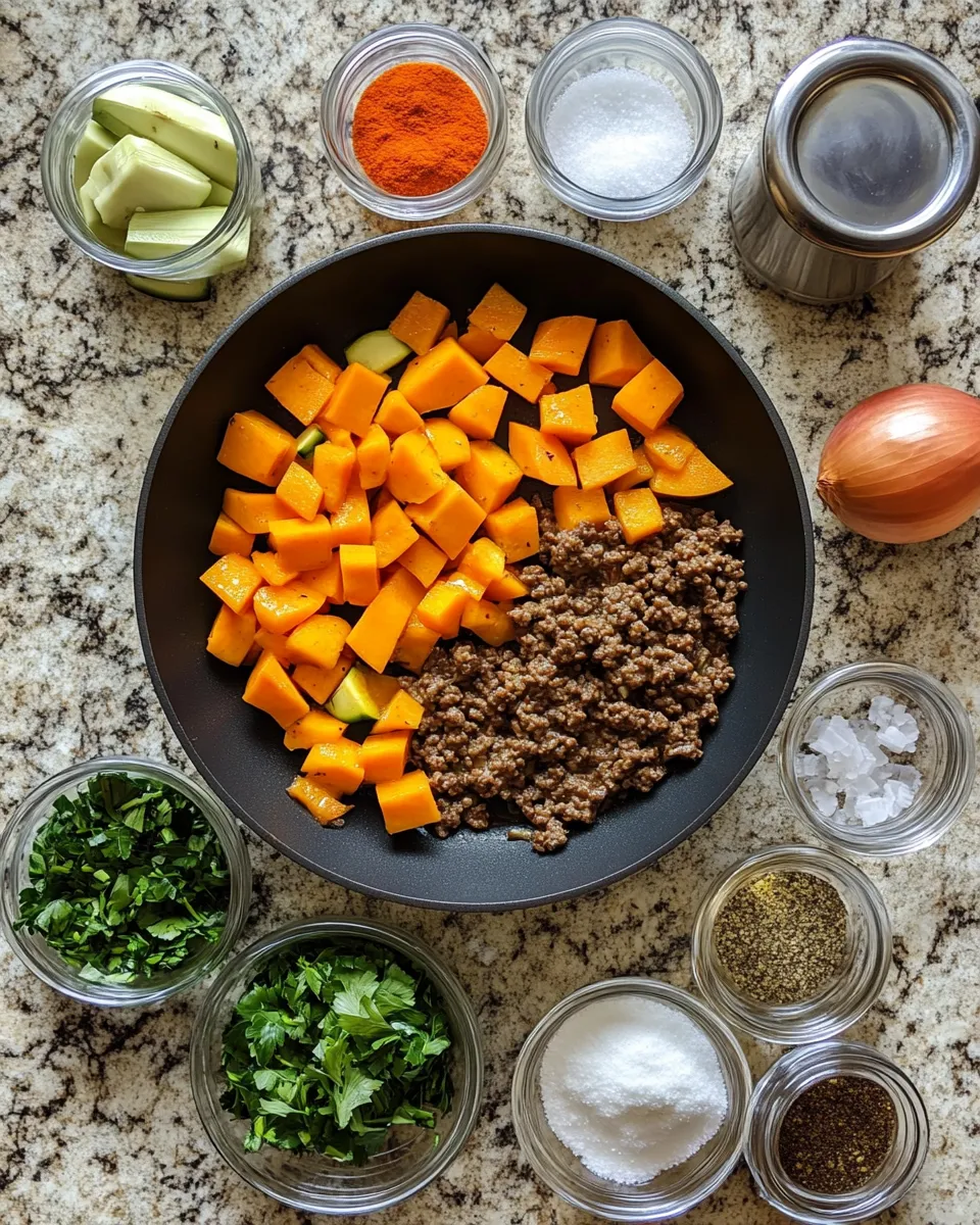 Ingredients for Sizzling Skillet Delight: Ground Beef Zucchini and Sweet Potato Medley